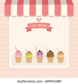 Ice-cream cafe shop showcase decorated with awning and brick wall in pink and  pastel background colors.Illustration vector.