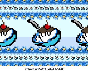 Eis-Creme-Zeichentrickzeichen, nahtloses Muster auf blauem Hintergrund.Pixel-Stil