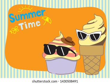 Icecream cartoon vector wear sunglass and hat on card or poster for promotion hotel or cafe on summer time.With hand writing text summer time.