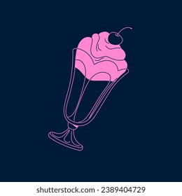 Icecream with cherry on top. Sundae, mousse, whipped cream. Frozen dessert with berry syrup, sorbet in retro cup. Ice milk with vanilla in vintage glass. Monochrome flat isolated vector illustration