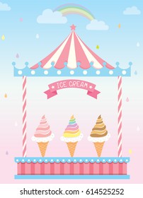 Ice-cream circus booth on rainy background with rainbow.