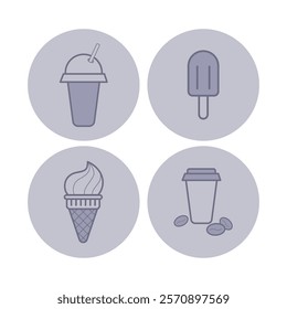 Icecream and cold drinks line icon set. Soft ice-cream in cone and on stick, cups with coffee and frappe. Beverage, cafe, dessert concept. Vector illustrations for web design and apps