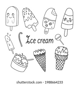 Icecream collection 8 vector. Set of hand drawn, doodles, illustrations.