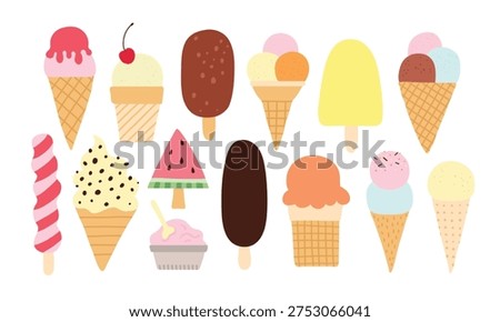 Icecream collection, sweet eating set. Simple pastel dessert. Cone waffle with cream filling, balls in cup, ice-cream in cone. Flat illustrations isolated on white background. Stickers, print, tasty.