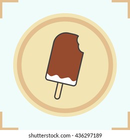 Icecream color icon. Bitten ice cream with chocolate glaze on stick. Vector isolated illustration