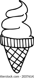 Ice-cream cone. Black and white doodle. Simple vector illustration. Freehand isolated.