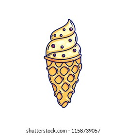 Icecream cone with chocolate bites in cartoon doodle style isolated on white background vector illustration. Summer sweet dessert. 