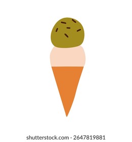Ice-cream cone. Cold sweet summer dessert with double frozen scoops, two icecream balls, vanilla and pistachio flavors, sprinkles decoration. Flat vector illustration isolated on white background