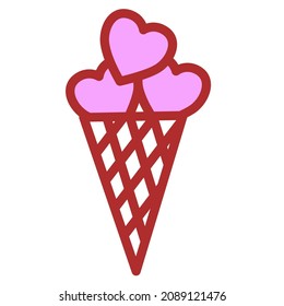 Ice-cream cone filled with hearts. Valentines day icon. Vector illustration