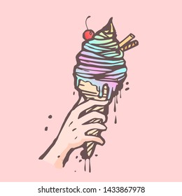 Icecream cone in a hand vector pop art.