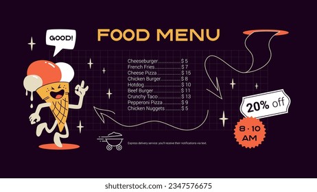 Icecream cone. Modern retro banner template. Cartoon melting icecream mascot character. Vector fast food contemporary illustration.