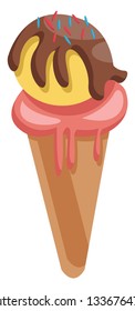 Icecream cone with a pale red scoop and a yellow scoop with chocolate and red and blue sprinkels on top vector illustration on white background.