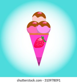 Ice-cream cone with three scoops, chocolate icing and strawberry image on package. Strawberry gelato vector illustration.