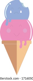 An ice-cream cone with two scoops of ice-cream. Happy strawberry scoop and sad bitten blueberry taste scoop sitting on top.