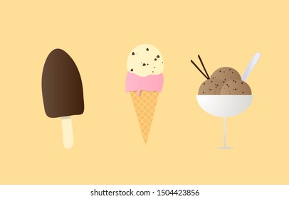 Icecream cone vanilla chocolate chip and bar and cup isolate on cream background vector illustration
