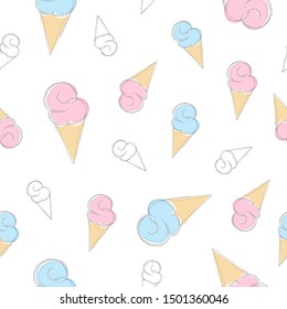 Ice-Cream cones seamless pattern. Hand-drawn childish icons, white background. Perfect for fabric design, wrapping paper, wallpaper. 