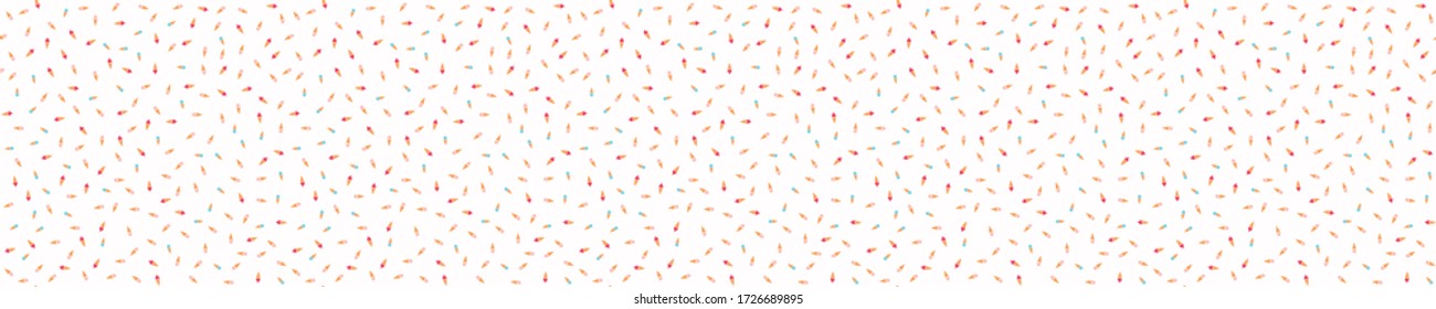 Icecream confetti dotty border texture seamless background. Tiny colored ice waffle cones ribbon trim banner. Modern cute falling speckle pattern. Japanese kawaii minimal digital party washi paper.