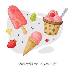 Ice-cream Cup and Fruit Frozen Confection on Stick as Frozen Dessert and Snack Vector Composition