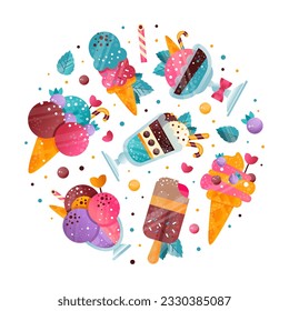 Ice-cream Design with Frozen Confection and Sweet Dessert Vector Round Composition