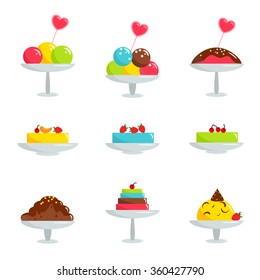 Ice-cream and dessert icon set. Delicious cold desserts in small glass vases. Colorful sweet ice cream. Pink heart decorations. Cute cartoon style.  Vector illustration for modern design.