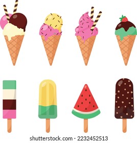 Ice-cream dessert vector icon set. pack of multiple colorful items sweet popsicle stick and cone candy fruit chocolate sprinkles cream topping cherry  melon watermelon blueberry leaf  isolated object 