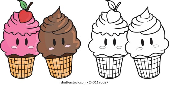 Ice-cream doodle. Valentine's day. Coloring page for kids. Activity Book.