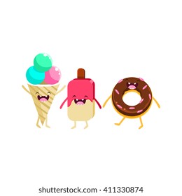 Ice-cream And Doughnut Cartoon Friends Colorful Funny Flat Vector Isolated Illustration On White Background