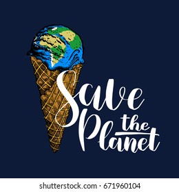 Ice-cream earth concept sketch. Illustration isolated on dark blue background. Engraving style. Lettering save the planet 