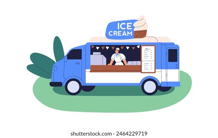 Ice-cream food truck. Mobile cafe van selling icecream outdoors. Street vendor at window of summer wheeled shop, parked caravan vehicle. Flat vector illustration isolated on white background