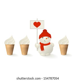 Ice-cream and an funny snowman with heart. A vector.  