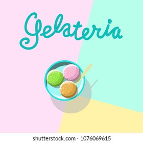 Ice-cream gelateria top view. Typography with 3 balls of italian gelato. Isolated on white background line art illustration.
