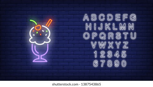 Ice-cream in glass neon sign. Dessert, cafe and food concept. Advertisement design. Night bright colorful billboard, light banner. Vector illustration in neon style.