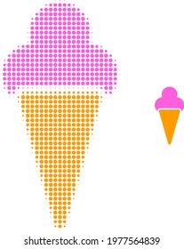 Icecream halftone dotted icon illustration. Halftone pattern contains round elements. Vector illustration of icecream icon on a white background. Flat abstraction for icecream symbol.