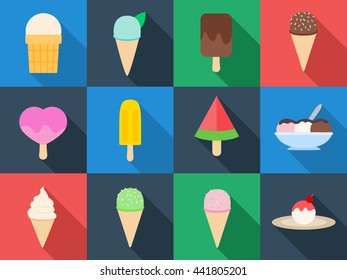 ice-cream icon collection. set of ice cream in a flat style. Ice cream of various shapes in the squares with a shadow