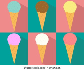 ice-cream icon collection. set of ice cream in a flat style. Ice cream in the squares with a shadow