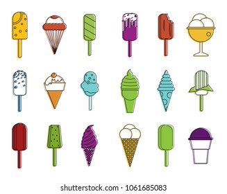 Icecream icon set. Color outline set of icecream vector icons for web design isolated on white background