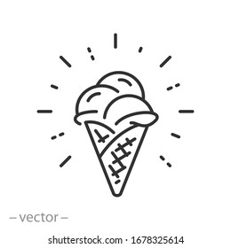 icecream icon, sundae gelato, cone waffle vanilla ice cream, thin line web symbol on white background - editable stroke vector illustration eps10