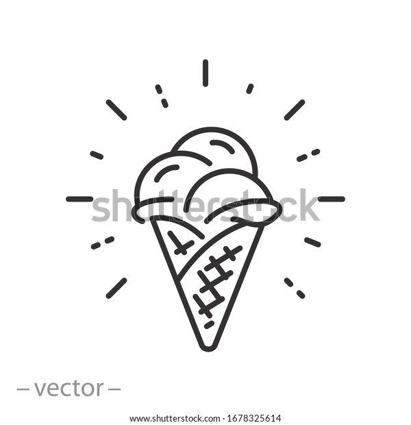 白い背景にアイスクリームアイコン サンデジェラート コーンワッフルバニラアイスクリーム 細い線のウェブシンボル 編集可能なストロークベクターイラスト Eps10 のベクター画像素材 ロイヤリティフリー