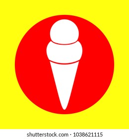 Icecream icon. Vector. White flat icon inside red circle at yellow background. Isolated.
