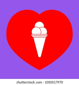 Ice-cream icon. Vector. White icon in red heart at lavender background.