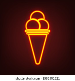 Ice-cream icon. Yellow, orange, red neon icon at dark reddish background. Illumination. Illustration.