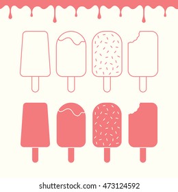 Ice-cream icons set and flowing drops pattern. Vector illustration