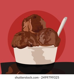 Ice-cream illustration. Chocolate ice-cream scoops. Food art. Chocolate