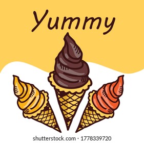 icecream illustration with orange mango and chocolate color 