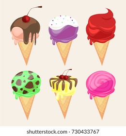 Ice-cream illustration set. Cold desserts set of balls of ice-cream in small wafer cones.