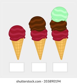 Ice-cream illustration set. Price list with a set of balls of ice-cream in small wafer cones