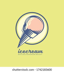 Icecream logo design with pink ice cream in a cone on green background. Simple symbol or icon template for candy store or homemade desserts shop.