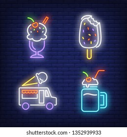 Ice-cream, milk cocktail and truck neon signs set. Dessert, cafe and food design. Night bright neon sign, colorful billboard, light banner. Vector illustration in neon style.