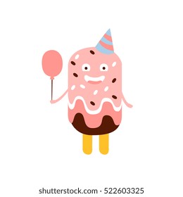 Ice-Cream On A Stick Children Birthday Party Attribute Cartoon Happy Humanized Character In Girly Colors