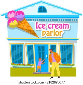 Ice-cream parlor building on city street. Dad walks with child on weekend, buys him ice cream. Father spends time with his son together treats him with frozen sweet food in cafe or restaurant